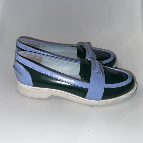 Tory Burch Sport Patent Leather Pocket Tee Golf Loafers 8 Color Block Green Blue - Image 4