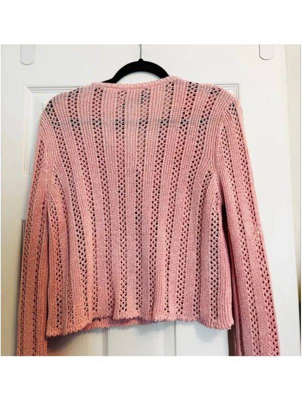 Zara Pointelle Pink Open Knit Cardigan M - Image 6