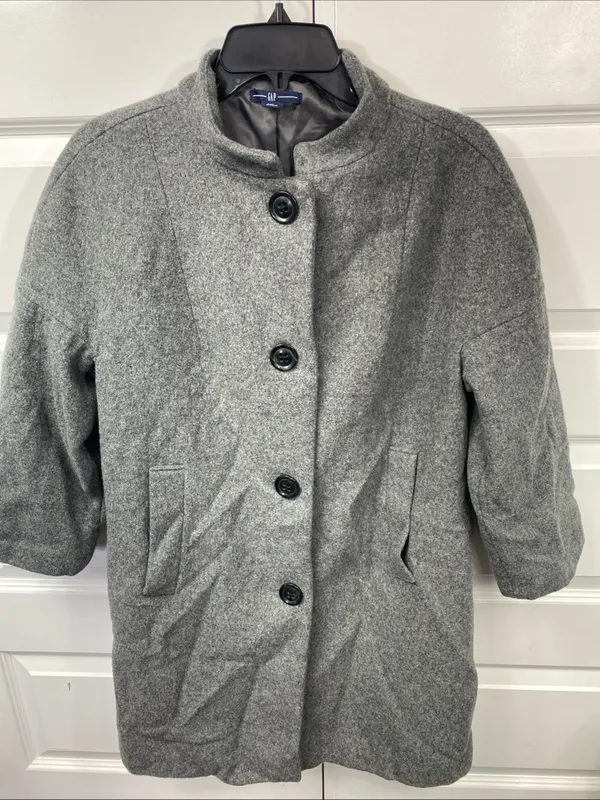 Wool Pea Coat Gap Women’s  M. 3/4 Sleeve Big Buttons Grey Medium Classy Lined - Image 4