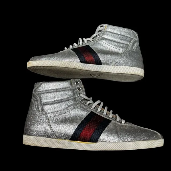 Gucci Glitter Web High Top Sneakers Women EU 38 Silver Designer Shoes Italy - Image 6