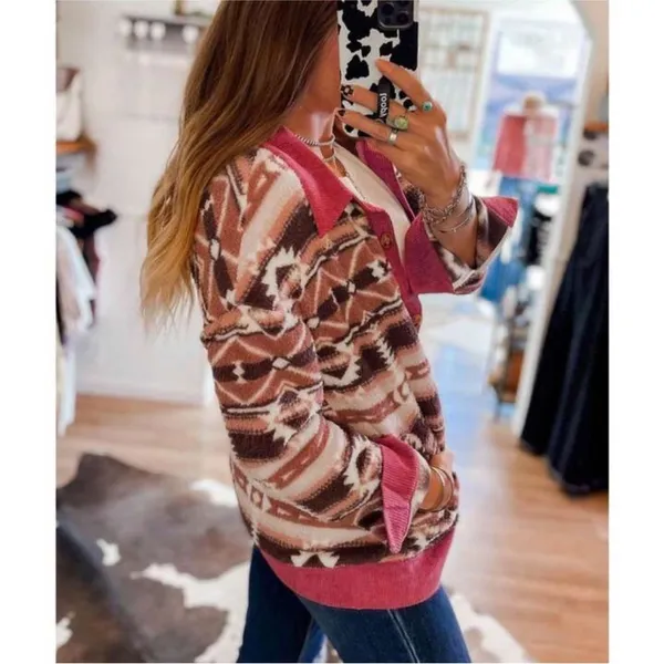 Aztec Patterned boho Pink fuzzy button up shacket Cardigan sweater size medium - Image 2