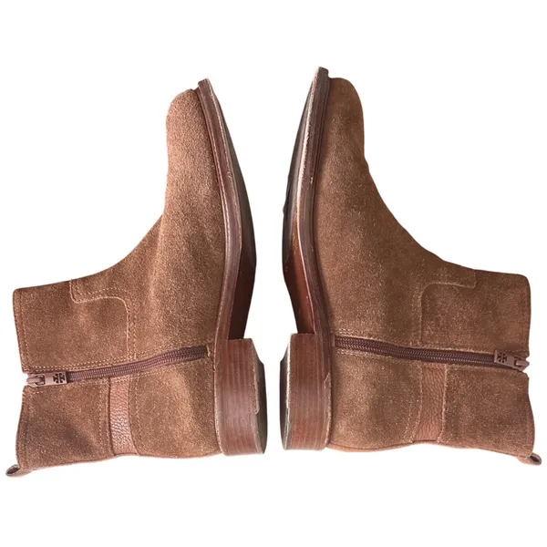 Tory Burch Alaina Suede Pebbled Leather Logo Ankle Booties Cognac Tan 9 - Image 8