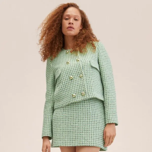 NWT MNG Double-breasted tweed jacket Green Medium - Image 5