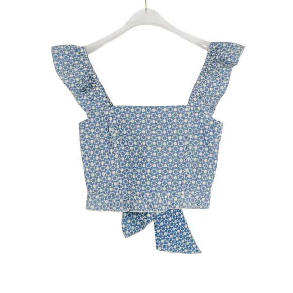 Kirious Blue Floral Eyelet Tie Back Crop Top Tank Top XS Cottagecore Top - Image 2