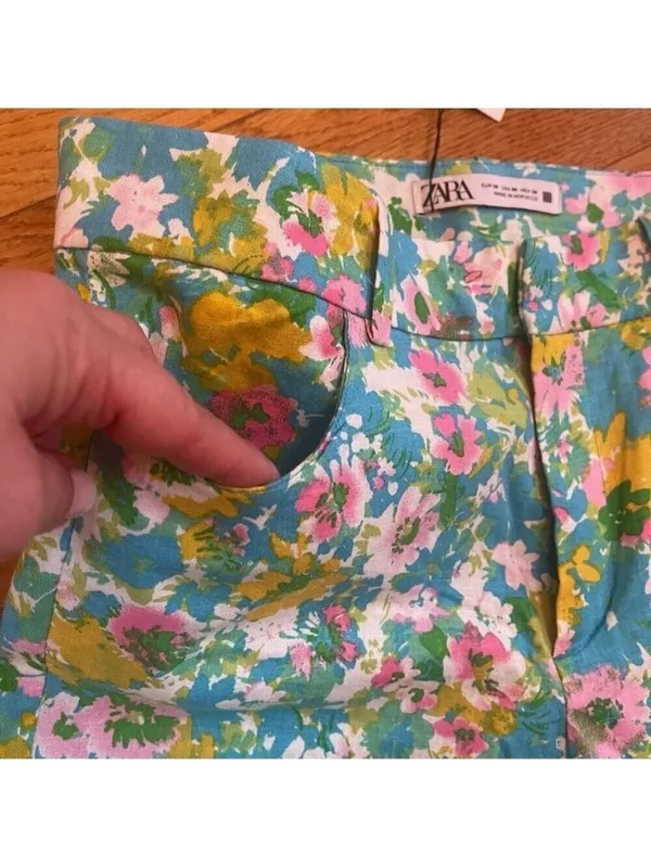 Zara High-Waisted Retro Floral Kick Flare Linen Pants Disco Cottagecore Sz 4 - Image 4