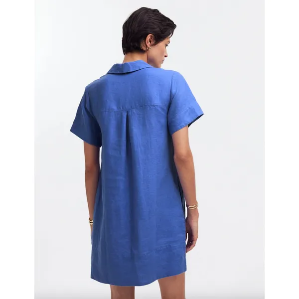 Madewell V Neck Mini Dress Linen Blue Pockets Easy Shift Relaxed Coastal XS NWT - Image 3
