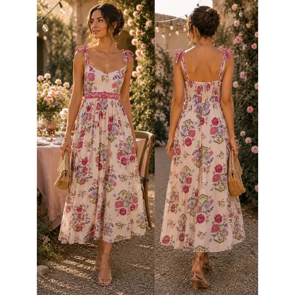 Patrons of Peace Floral Tie Strap Midi Dress Boho Cottagecore Smocked Medium - Image 3