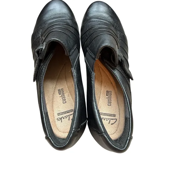 Clarks Cushion Soft Loafers Womens 6 Black Leather Slip On Wedge Comfort Shoes - Image 7