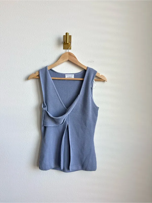 SABO Slate Blue Ribbed Knit Top Deep V Crossover Sleeveless Open Front Size S - Image 3