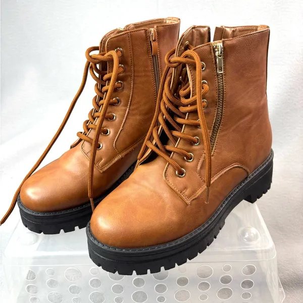 TOP Moda 7.5 Lug Sole Chunky Zip Lace Tan n Black Combat Ankle Boots Booties - Image 9