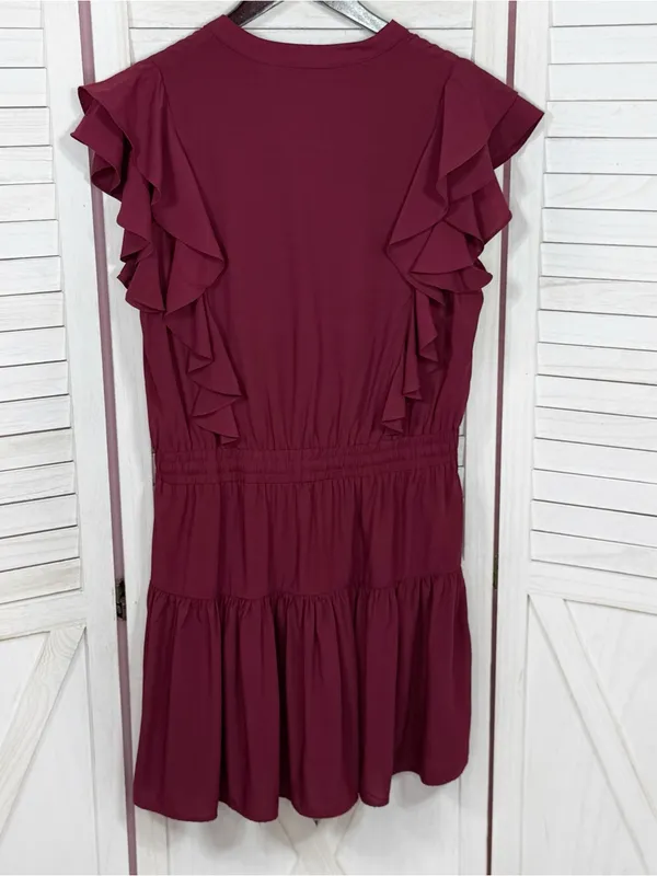 Pinch Isla Flutter Sleeve Tiered Mini Dress Burgundy Maroon Red Medium - Image 8