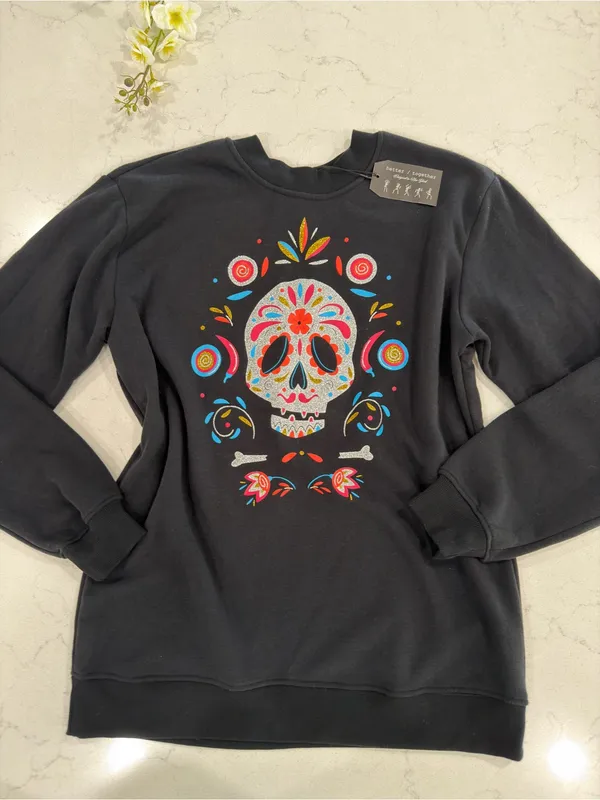 Black Crewneck Sweatshirt with Colorful Sugar Skull Graphic over size - Image 2