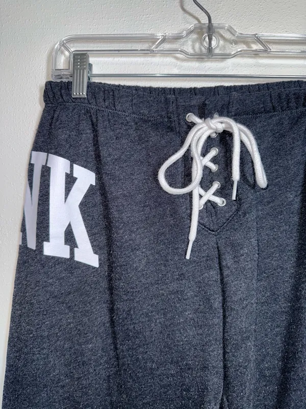 PINK Victoria’s Secret Lace-Up Jogger Sweatpants Dark Gray Logo Fleece - Image 2