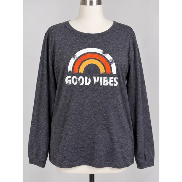 Women's Good Vibes Rainbow Graphic Long Sleeve Tee Charcoal Gray XL - Image 2