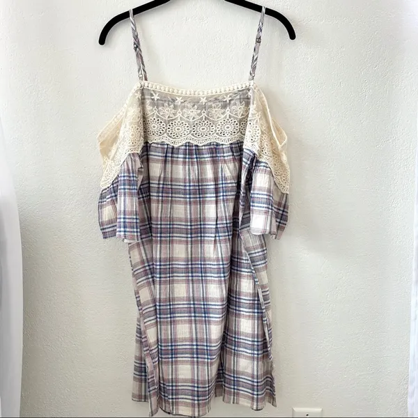 Soiéblu Cold Shoulder Lace Trim Plaid Dress Size Small - Image 9