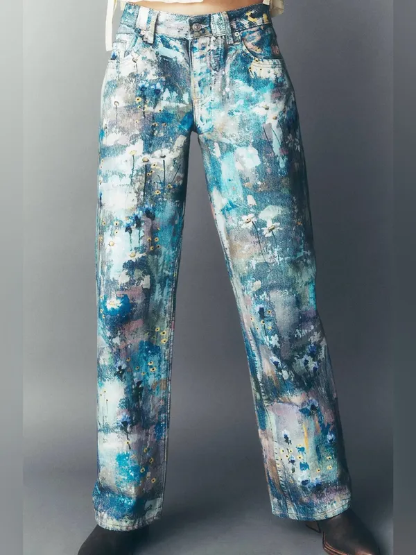Free People Tennessee Low Rise Illusion Jeans Floral Canvas Paint Splatter - Image 10