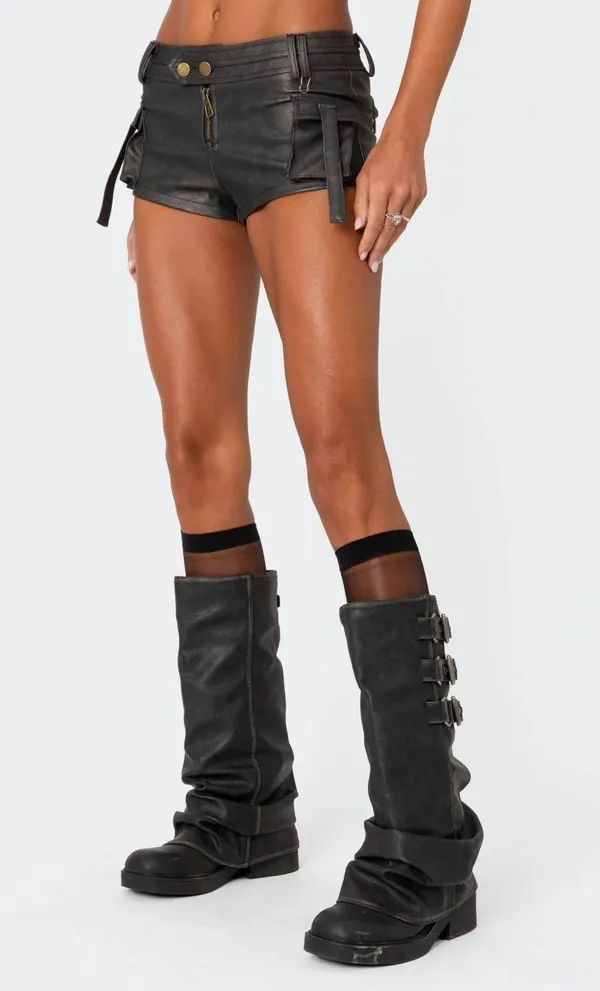 Edikted Faux Leather Micro Cargo Shorts - Image 4