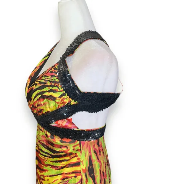 Y2K Zum Zum Niki Livas Neon Animal Print Sequin Halter Maxi‎ Dress XS Open Back - Image 10