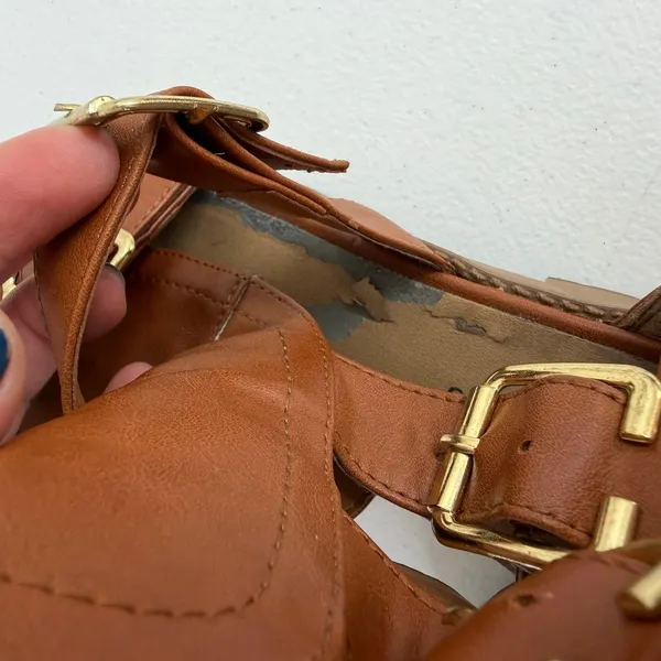 Breckelle's brown gold buckle strappy chunky heel‎ zip ankle boots sandals 8 - Image 8