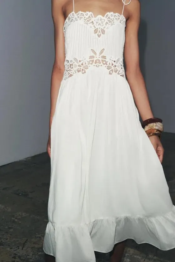 Zara White Lace Cotton Flowy Summer Bohemian Midi Dress - Image 11