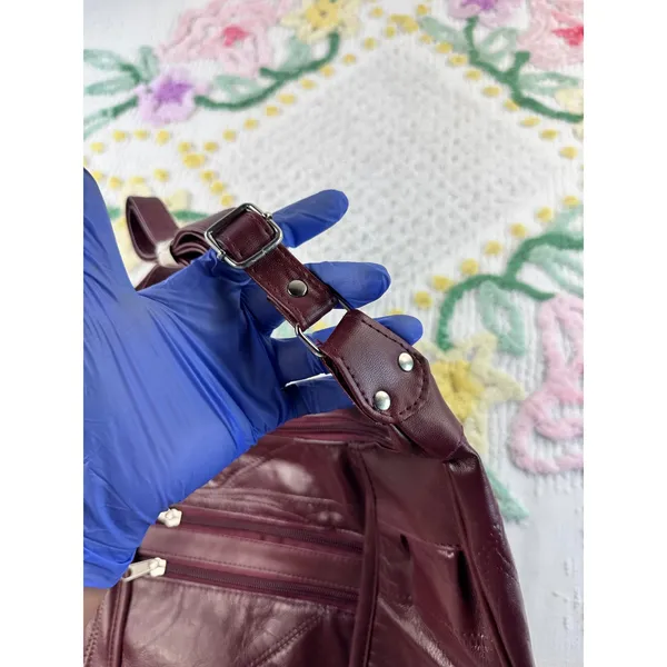 Burgundy Patchwork Leather Multi Pocket Crossbody Shoulder Bag Wine‎ Red - Image 5