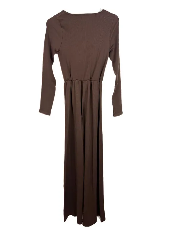 NEW OQQ Long Sleeve Square Neck Wide Leg Jumpsuit Dark Brown Size Medium M - Image 4