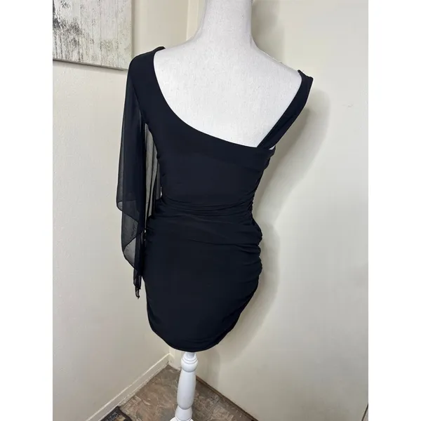 VTG Y2K Deb Black One-Shoulder Ruched Mini Dress -Rhinestone Strap& Sheer Sleeve - Image 4