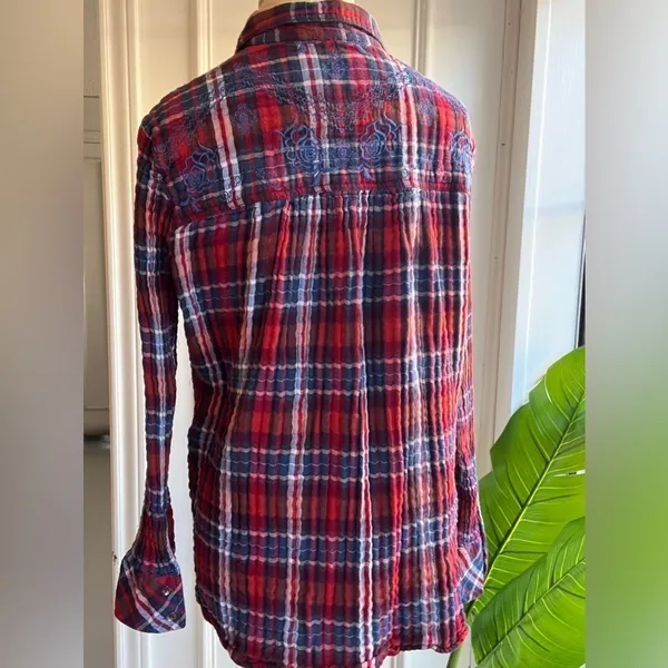 Free People XS Plaid Embroidered Button-Up Shirt Red/Blue Long Sleeve Cotton - Image 5