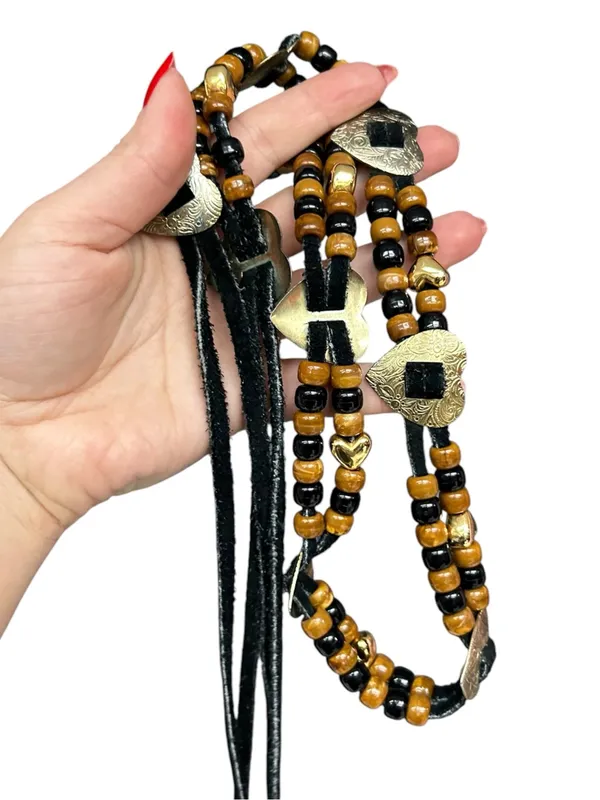 Vintage Beaded Leather Wrap Tie Belt Hearts Western Boho Waist Belt - Image 2
