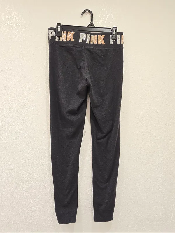 Victoria's Secret PINK yoga Leggings Sequined Waisteband Gray M - Image 2