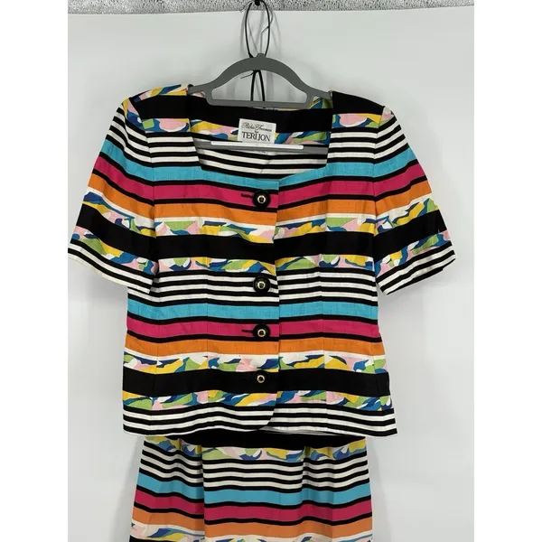 Vtg Rickie Freeman/Teri Jon 2 Pc. Coordinated Stripped Linen Top & Silk Skirt 8 - Image 4