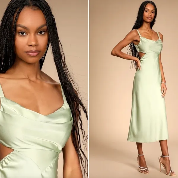 LULU's Prom Wedding Bridesmaid Sexy Satin Asymmetrical Elegant Midi Dress - Image 4