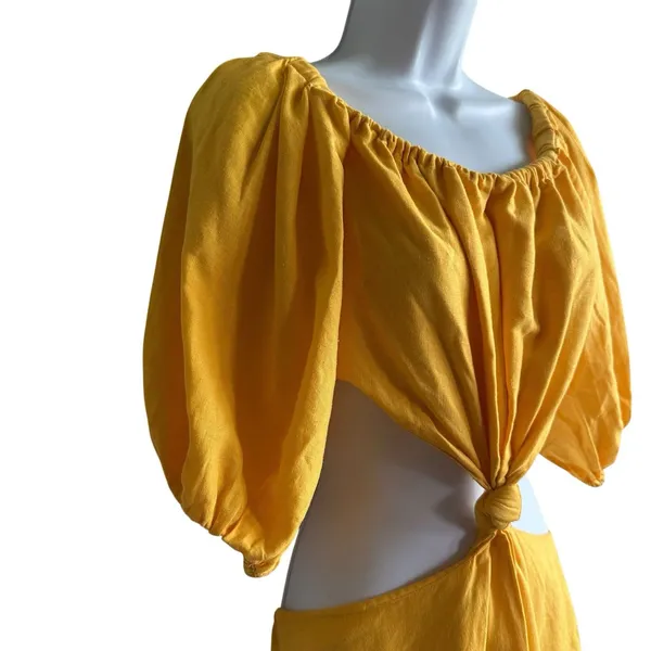 FARM RIO Midriff Dress Size S Yellow Puff Sleeve Off Shoulder Knotted Boho - Image 12