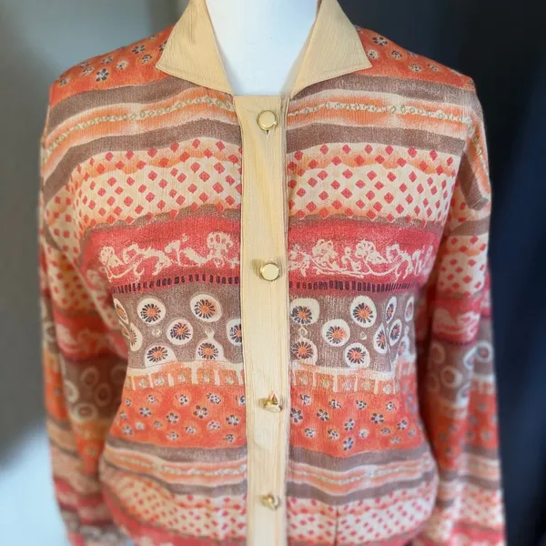 Oleg Cassini Vintage Silk Bomber Jacket Orange Geometric‎ Floral Print Small - Image 6