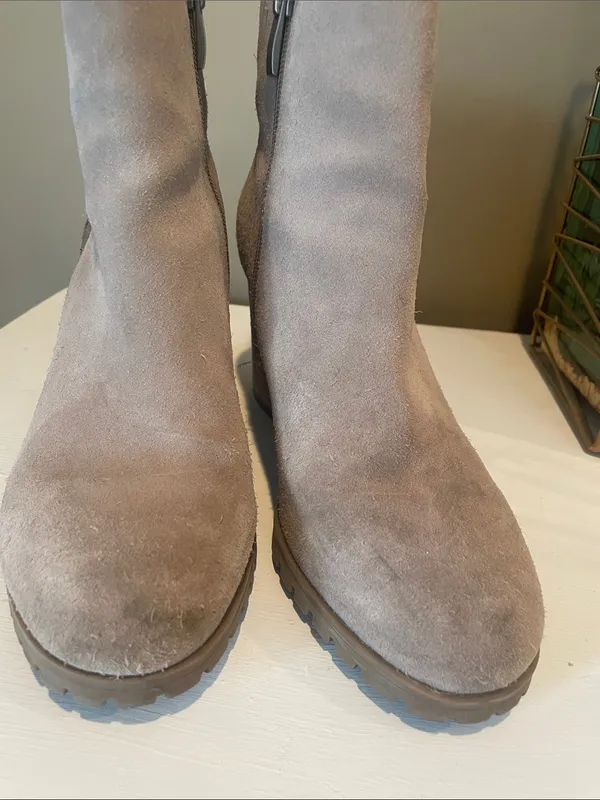 Franco Sarto Taupe Suede Ankle Booties with Stacked Heel - Image 5