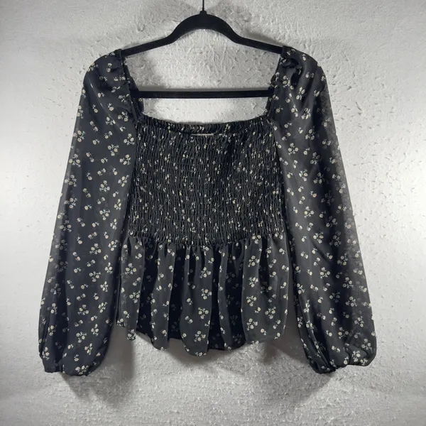 3230 | Ditsy Floral Smocked Peplum Blouse Black Cottagecore Coquette Women S - Image 5
