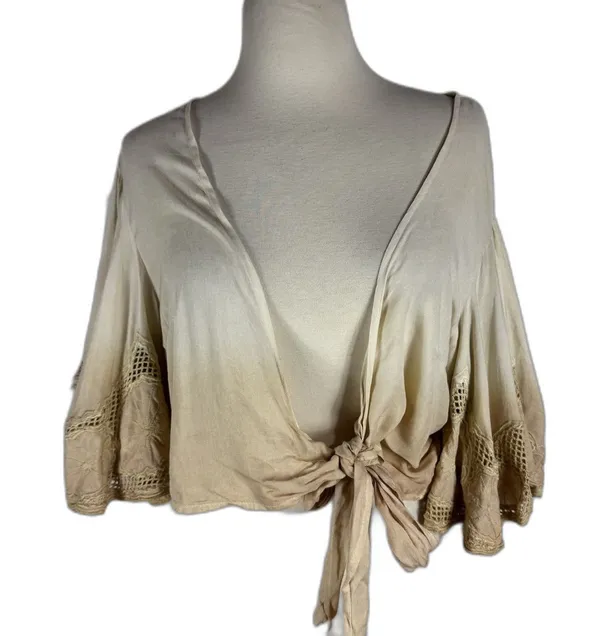 Surf Gypsy Crop Top M Boho Cowgirl Western Flutter Sleeve Coverup Ombré Neutral - Image 2
