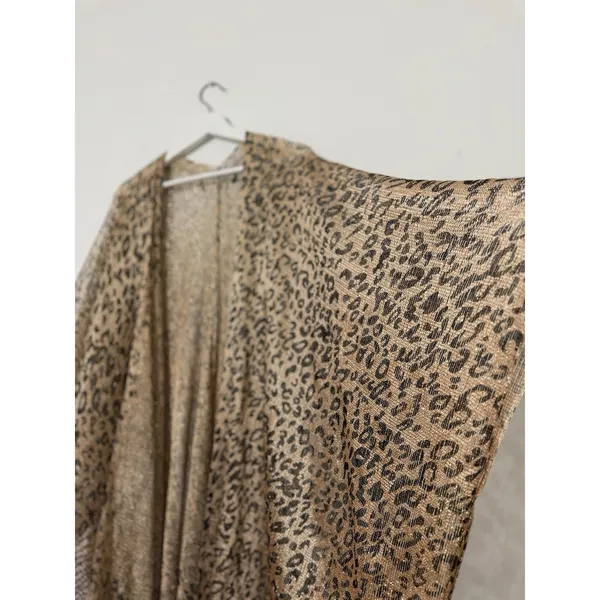 Women’s Leopard Print Fringe Kimono Gold Metallic Mesh Boho Cover-Up One Size - Image 7