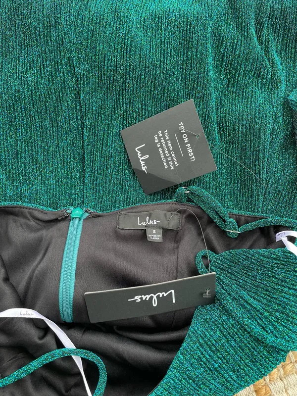Lulus Emerald Green Shimmer Bodycon Dress Size Small NWT Ruffle Party - Image 2