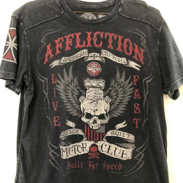 Affliction VERY RARE Grey Black Red Faded wash biker motorcycle skull crossbones wings goth grunge punk graphic tee tshirt top American Motor Club Fast Racer #jessepinkman - Image 2