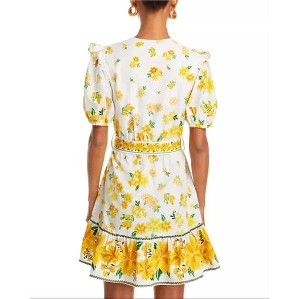 FARM Rio Azaleia Mini Dress M Yellow Floral Cotton Puff Sleeve V-Neck Missing Be - Image 3
