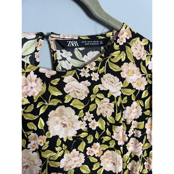 Zara Floral Puff Sleeve Mini Dress Size‎ Medium Retro Holiday Party Black Pink - Image 6