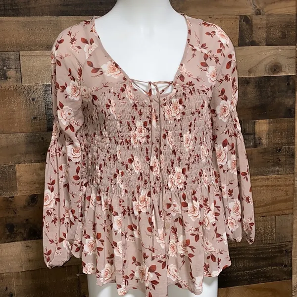 AMERICAN EAGLE Smocked Tan Floral Boho Tiered Peasant Top Size Small - Image 2