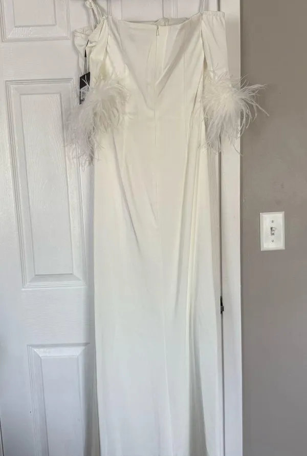 Mac Duggal Long Off Shoulder Feathers Formal Bridal Gown - Image 11