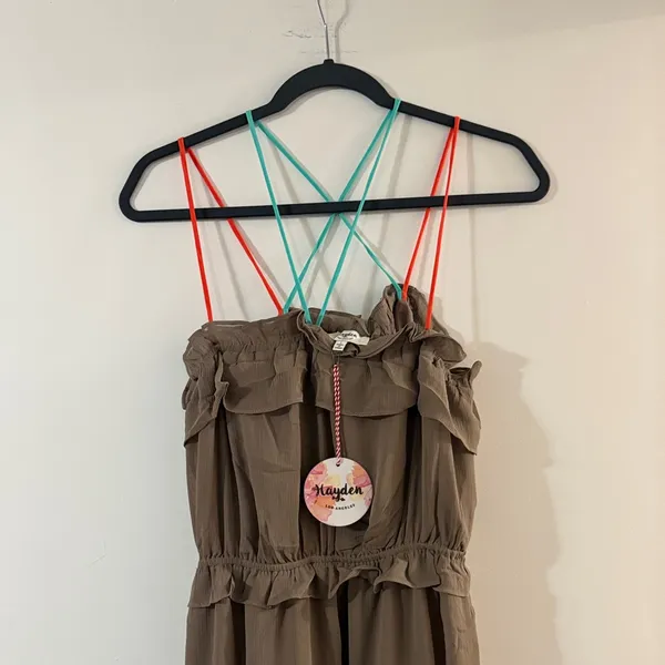 Hayden Taupe Maxi Dress with Ruffle Neckline and Crisscross Straps - Image 2
