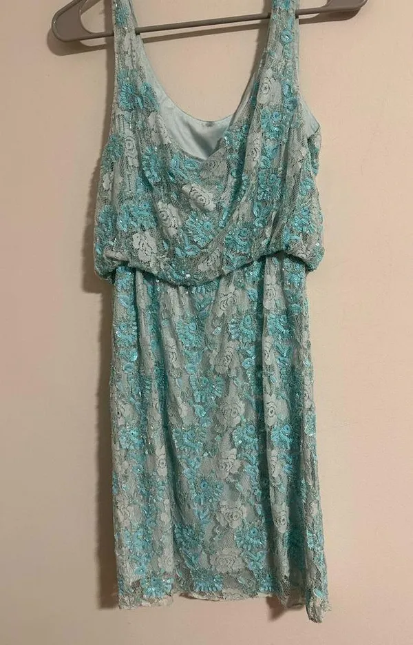 Alice + Olivia Sequin beaded turquoise aqua mini floral beaded lace dress - Image 4