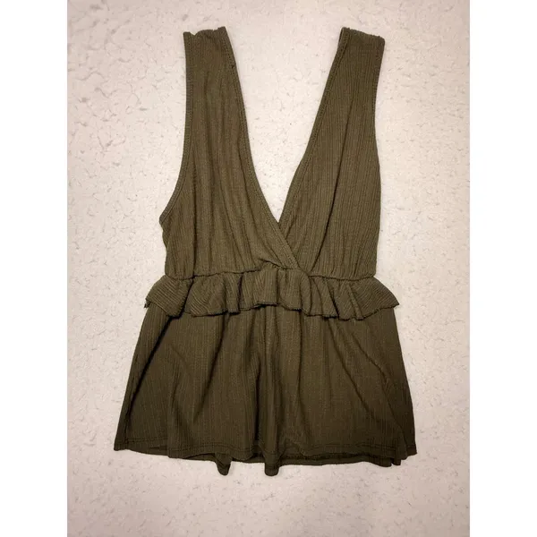Womens Olive Green Ribbed V-Neck Peplum Wrap Top Sleeveless Ruffle Waist Blouse - Image 2
