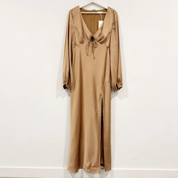Billy J Brigitte‎ Dress Plus Size 20 Tan Satin Tie Front Maxi V Neck Old Money - Image 4