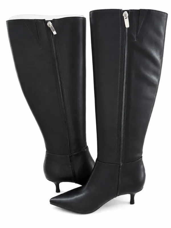 Woman's Heels Nine West Black Leather Kitten Heel Somas Knee High Boots 5.5 - Image 2