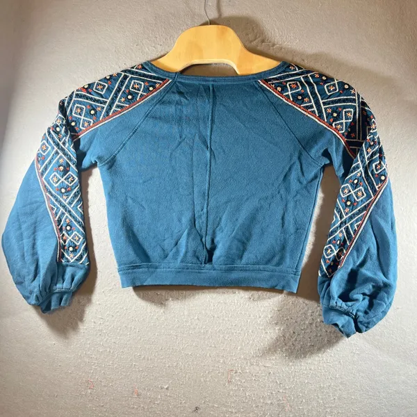 991 | Free‎ People Embroidered Balloon Sleeve Crop Sweatshirt Teal Blue Womens S - Image 2